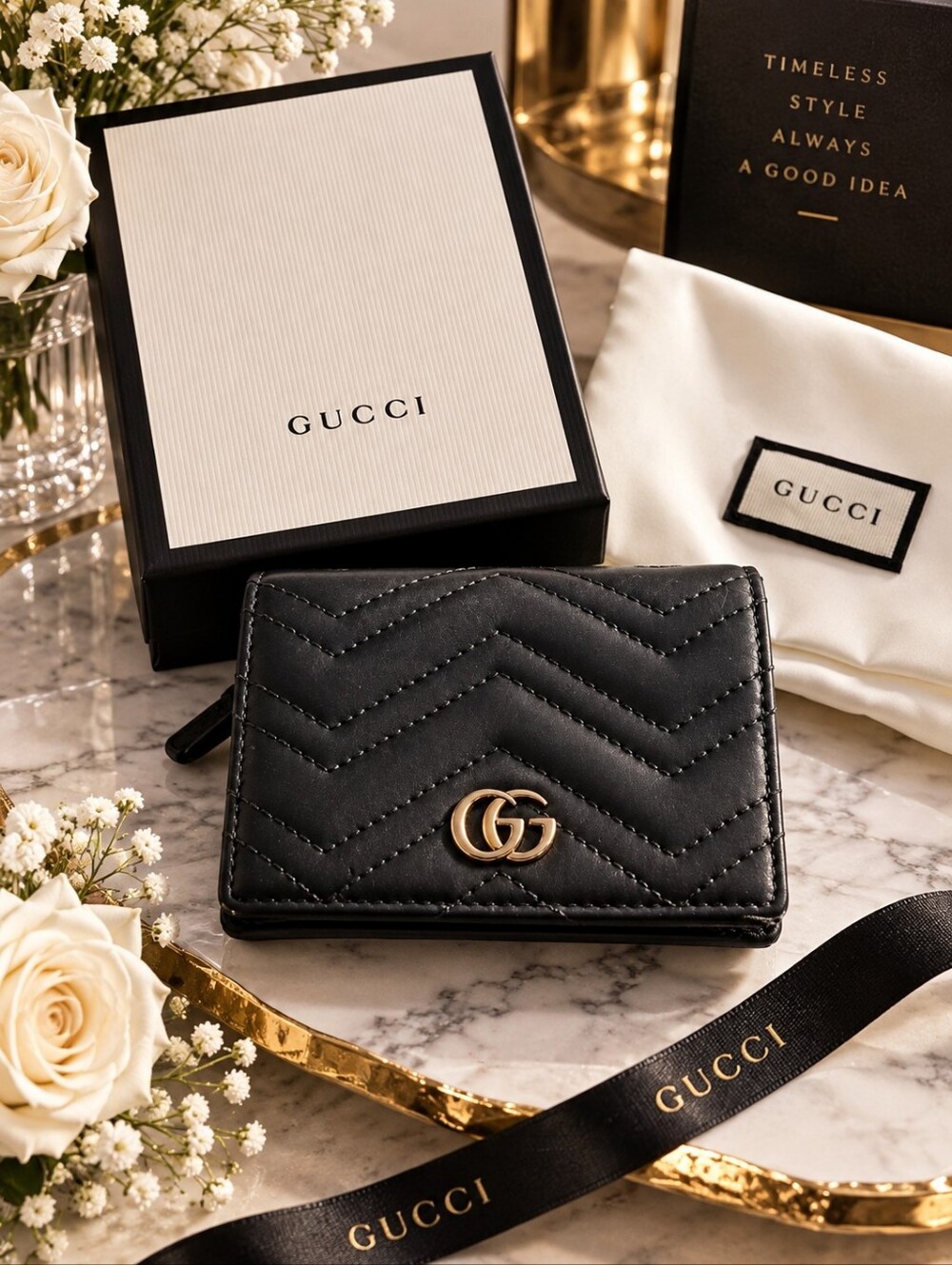 Gucci Marmont GG Matelassรฉ Black Leather Snap Wallet Unisex Excellent 1A